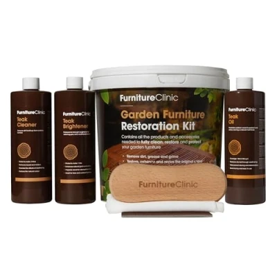 Imagen de Kit de restauración y mantenimiento para muebles jardín Limpia restaura todos los exterior Contiene Aceite teca, Limpiador teca,Abrillantador teca accesorios