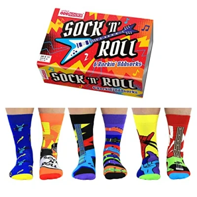 Imagen de United Oddsocks Sock n roll Caja de 6 calcetines coloridos para mezclar y combinar rock and hombre, UK 11 EUR 39 46 US 7 12. Divertido peculiar regalo cumpleaños, Navidad, día