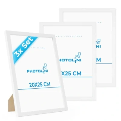 Imagen de PHOTOLINI marcos 20x25 cm blanco madera MDF, set de 3 para pósteres, cristal acrílico, colgar y poner pie, incluye accesorios fotos, láminas pósteres
