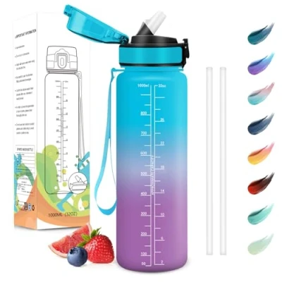 Imagen de Motswedi Botella Agua 1 Litro, Sin BPA, con Pajita, Reutilizable, Gimnasio, a Prueba de Fugas, Agua, Cantimplora para Gym, Yoga, Oficina, Escuela, Azul Morado