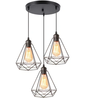 Imagen de iDEGU 3 Luces Lámparas Colgante Vintage, de Techo Industrial Metal Iluminación E27 en Estilo Jaula Geométrica, Negro, 20cm (3 Ronda)