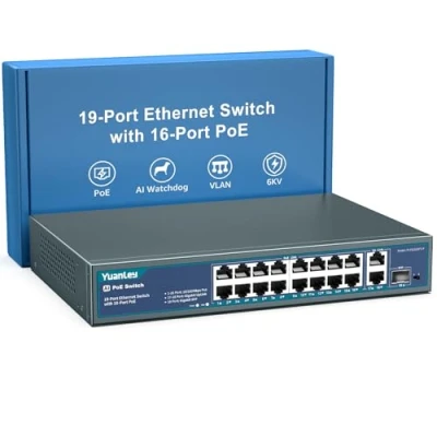 Imagen de Interruptor PoE de 16 Puertos YuanLey con 2 Uplinks Ethernet Gigabit, 1 Puerto SFP, Soporte PoE+ 250W 802.3af/at, Red no Gestionado AI Watchdog, VLAN, 6KV, Montaje en Rack