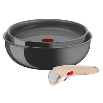 Imagen de Lagostina Ingenio Vivissima Juego de sartén 24 cm y wok 26 cerámica antiadherente con mango extraíble beige, 100% aluminio reciclado tecnología Thermo Signal, para todas las fuentes