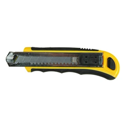 Imagen de Medid MD908 Cúter amarillo, cutter con hoja de 18mm y recarga automatica la hoja, guia metálica estuche bimaterial, incluye 8 hojas recambio.