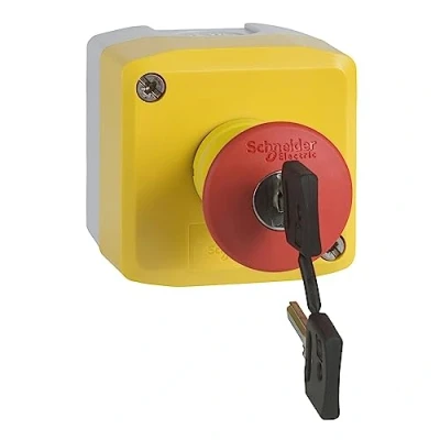 Imagen de Schneider Electric XALK188F Plástico Estación de Control, Tapa Amarilla, 1 Pulsador Seta Rojo 40 Ø+2NC, Gris Claro