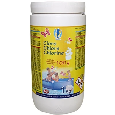 Imagen de PQS 166522 Cloro en pastillas alta concentración: Desinfección, Estabilizador de Cloro, Algicida y Floculante. Tabletas 100 gr. Bote 1 Kg.