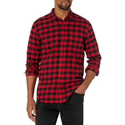 Imagen de Amazon Essentials Camisa Ajustada de Franela a Cuadros Manga Larga con Botones Hombre, Negro Rojo Vichy Grandes, M
