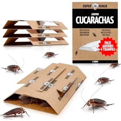 Imagen de Super Ninja Trampas para cucarachas Pack de 4 Unidades, Trampa Adhesiva con atrayente Natural, Mata sin tóxicos, Ideal casa, Cocina, Garaje y despensa, duración hasta 3 Meses