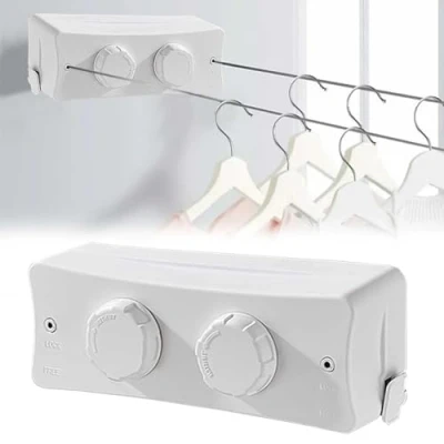 Imagen de Tendedero Retractil Ajustable 5.1M, Extensible Pared 2 Cuerdas, Inoxidable Cuerda Retráctil Línea de Lavandería para Interiores y Exteriores(Blanco)