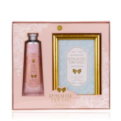Imagen de Accentra Juego de baño Romántico Dreams en caja regalo, incluye crema manos y uñas 60 ml, marco fotos, fragancia: Tea Rose &amp; Velvet rosa/azul claro/dorado