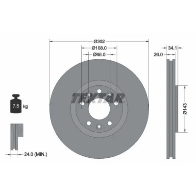 Imagen de TEXTAR PRO 92268103 Disco de freno 302 26 05/08 108 ventilación interna revestido sin perno sujeción rueda, buje rueda PEUGEOT: RCZ Coupé