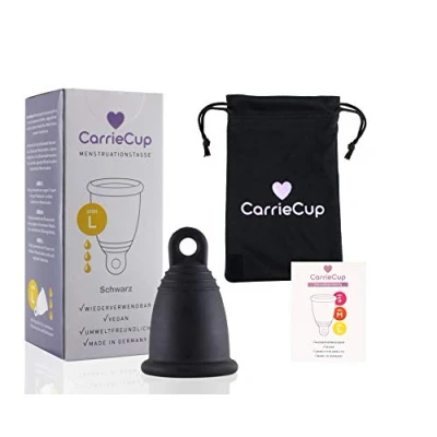 Imagen de CarrieCup Copa menstrual grande, fabricada en Alemania, incluye bolsa, sin BPA, alternativa a tampones y compresas, silicona, color negro