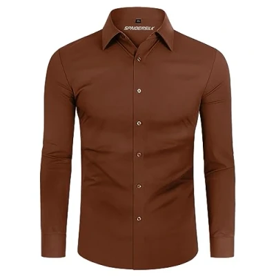 Imagen de DEMEANOR Camisa para hombre, elástica, manga larga, informal, corte ajustado, camisas de negocios, no necesita planchado, marrón, L