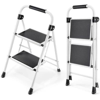 Imagen de KINGRACK Escalera de 2 escalones, Plegable con Pedal Antideslizante y Ancho, pequeña asa, Acero Resistente, Ligera portátil, Color Blanco