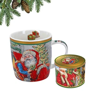 Imagen de CARMANI Colección de Navidad taza Navidad, porcelana festiva en caja lata Papá Noel, árbol 400 ml