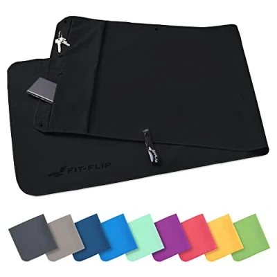 Imagen de Fit Flip Juego de Toallas Fitness con Compartimento Cremallera + Clip magnético, Toalla Multi Funcional Pendiente Patente, Microfibra Negro