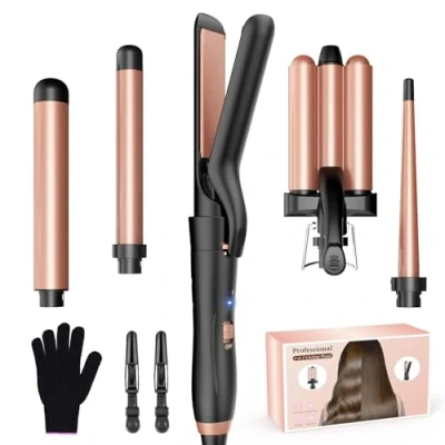 Imagen de BESTOPE MIX Rizador de pelo con planchas del pelo, Cerámica Antiestática Temperatura Regulable Calentamiento rápido Rose Gold 5 in 1