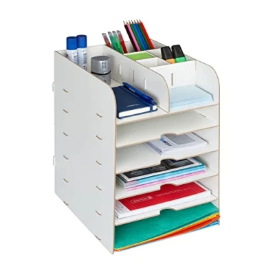 Imagen de Relaxdays Organizador Escritorio con Bandejas de Documentos, 12 Compartimentos, 34,5 x 25 32 cm, MDF, Color Blanco, Tablero Fibras
