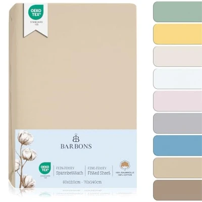 Imagen de BARBONS Juego de Sábanas Bajeras para Cuna 60x120 / 70x140 Algodón 100% Certificado Oeko Tex Ajustables y Transpirables Ideal el Descanso Natural tu Bebé Arena 60 x 120 cm 70 140