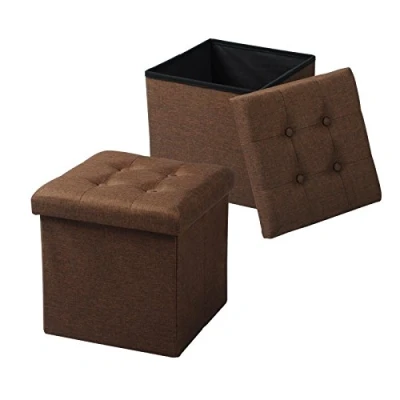 Imagen de WOLTU Juego de 2 Taburetes con Almacenamiento Plegable, Asiento Lino Acolchado, Tapa Extraíble 37.5x37.5x38CM (LxWxH) Marrón SH06br