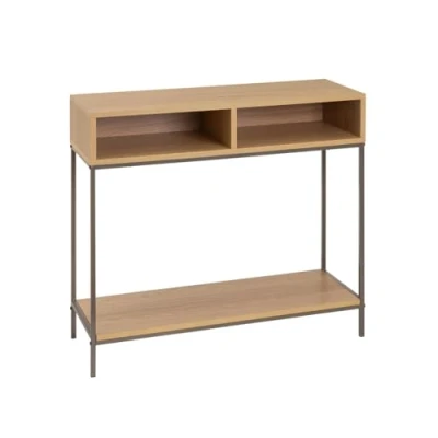 Imagen de LOLAhome Mueble Recibidor Consola Auxiliar Mesa Estrecha y Alta para Entrada Salón Habitación o Cocina Madera Metal 75x80x30 cm (Gris Natural, Cajón Abierto)