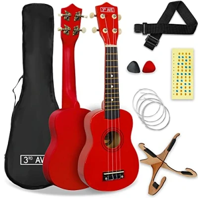 Imagen de 3rd Avenue Pack de ukulele soprano para principiantes 21 pulgadas Con funda, soporte, correa, cuerdas, púas y marcadores adhesivos el diapasón Rojo