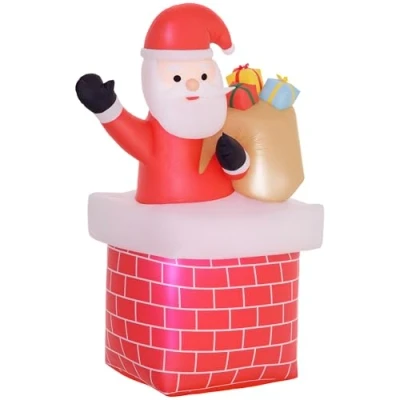 Imagen de Outsunny Papá Noel Inflable con Bolsa de Regalos Saliendo una Chimenea Decoración Navideña Luces LED para Exterior Rojo