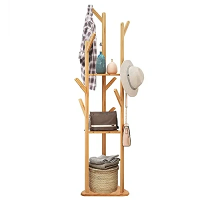 Imagen de unho Perchero de Pie Madera Recibidor: Ropa Original Bambu Colgador Arbol con 9 Ganchos 3 Estantes para Entrada Dormitorio Habitacion Pasillo
