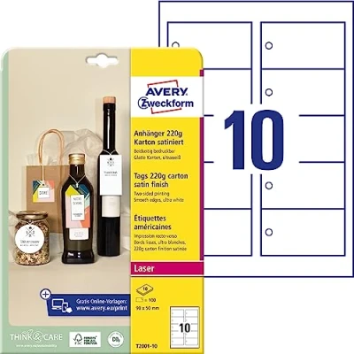 Imagen de Avery España T2001 10 colgantes imprimibles doble cara de cartón bordes lisos, 200 gr, rectangular 80x50mm, caja 100 incluye el hilo para colgarlos, impresola láser e Inkjet