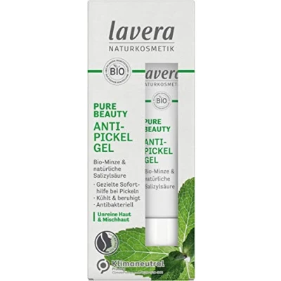 Imagen de Lavera Pure Beauty Gel antiespinillas vegano Cosmética natural Refresca y calma al instante menta orgánica ácido salicílico Neutral Sin conservantes parabenos 15 ml