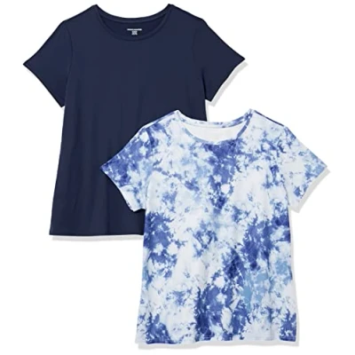 Imagen de Amazon Essentials Camiseta técnica elástica de Manga Corta y Cuello Redondo (Disponible en Tallas Grandes) Mujer, Pack 2, Azul Marino/Blanco Teñido Anudado, M