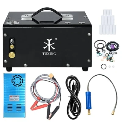 Imagen de compresor de aire PCP TUXING 4500PSI/300BAR, portátil, 12 V/110 V/220 V, parada automática, refrigeración por ventilador incorporado para paintball, rifle aire, mini tanque buceo