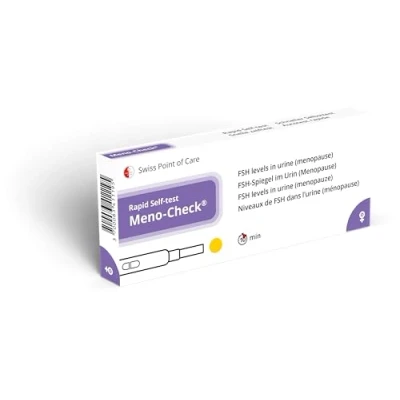 Imagen de Swiss Point Of Care Meno Check test rápido de uso doméstico para detectar la menopausia basado en el nivel hormona foliculoestimulante (FSH) orina, autotest doméstico.