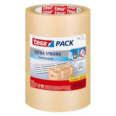Imagen de tesapack Ultra Fuerte Cinta de Embalaje PVC para Empaquetados Firmes y Seguros Transparente 25 m x 50 mm, Paquete con 3 Cintas
