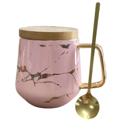 Imagen de Eplze YBK Tech Juego de tazas té porcelana para la tarde Patrón mármol (rosa, alto 400 ml + tapa madera)