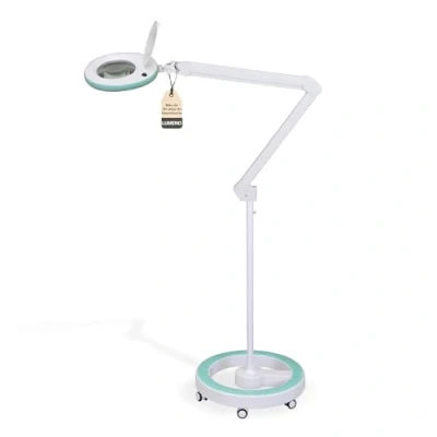 Imagen de Lumeno lámpara de aumento LED 7215GN, lente cristal 127 mm, trabajo, cosmética, adecuada para cosméticos, aficionados, ayuda a la lectura, 5 dioptrías verde con trípode rodante