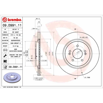 Imagen de BREMBO 09.D991.11 Disco de freno 314 18 5 ventilación interna revestido altamente carbonizado con tornillos HYUNDAI: Santa Fé IV