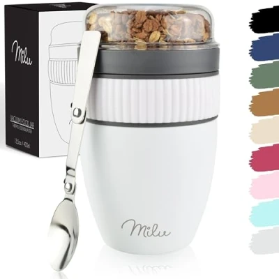 Imagen de Milu Taza para muesli to go 400ml acero inoxidable I Vaso con 2 Partes sopas ensaladas Pasta yogur postres aso de a prueba derrames cuchara (Blanco)