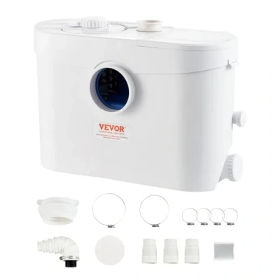 Imagen de VEVOR bomba maceradora de 700 W, flujo 9600 l/h, cabezal 32.8 pies, sumidero aguas residuales con 3 entradas agua para inodoro, sótano, cocina, fregadero, ducha, bañera
