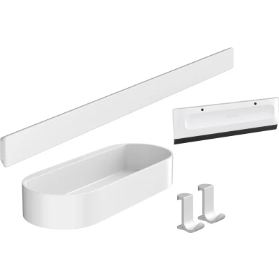 Imagen de hansgrohe WallStoris set de accesorios para ducha, baño sin taladro 4 piezas, barra mural, cesta baño, limpiacristales, percha negro mate, 27967670