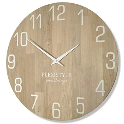 Imagen de FLEXISTYLE Reloj de Pared Natural, diámetro 100% Madera Roble, Moderno, salón, sin Ruido tictac, 50 cm, Color Blanco