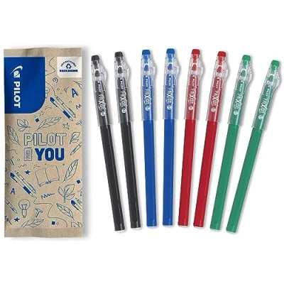 Imagen de PILOT Set de 8 bolígrafos FriXion Ball Stick Tinta gel borrable 2 Azul, Negro, Rojo, Verde Punta Media Artículos escolares