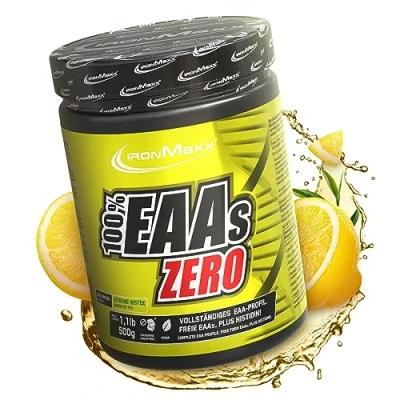 Imagen de IronMaxx 100% Porciento EAAS ZERO aminoácidos polvo contiene todos los 8 esenciales con alto contenido de BCAA Amino vegano sabor: té helado limón dosis alta envase 500g