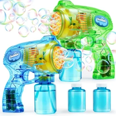 Imagen de JOYIN Kit de 2 pistolas burbujas con soluciones para niños, máquina soplar automática, soplador fiestas cumpleaños, actividades al aire libre e