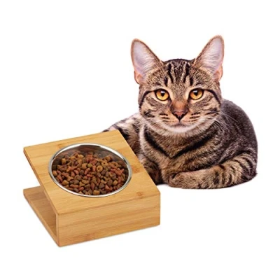 Imagen de Relaxdays Comedero Gato y Perro con Soporte, Bebedero, Pequeño, Bambú Acero Inoxidable, 1 Pack, 10x18x18 cm, Marrón, Cuenco