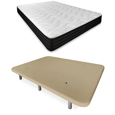 Imagen de Duérmete Online Cama Completa con Colchón Pocket Visco Reversible + Base Tapizada Reforzada Color Beige 6 Patas, Madera, 135 x 190