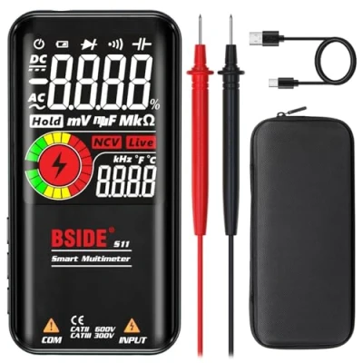Imagen de BSIDE Multímetro digital EBTN LCD 3 resultados Pantalla 9999 cuentas Rango automático Ohmetro Capacidad Ohm Hz Diodo Ciclo de servicio Probador voltaje con batería recargable