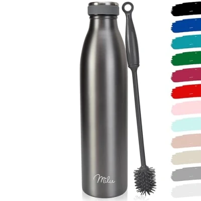 Imagen de Milu botella de acero inoxidable, 350, 500, 750 ml, termo 1 L, 1,5 agua aislada, aislante a prueba fugas, apta para ácido carbónico + cepillo limpieza (gris, 1,5L)