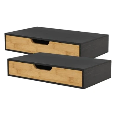 Imagen de [en.casa] Set de 2 Estantes Pared Bokn para Llaves Libros Gafas Lámpara Estantería Mesillas Noche Mural con Cajón máx. 5 kg Bambú 40 x 24 8 cm Negro y Natural