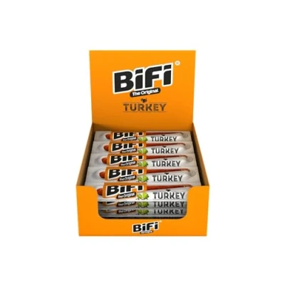 Imagen de BiFi Turkey Sticks Palitos de pavo, pack 24 unidades 20 g, aperitivo salchicha y carne para llevar, secadas al aire, con pimienta, cilantro ajo